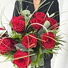 Rosenkavalier Tiefrote Rosen, feine Gräser und ausgewähltes Grün.