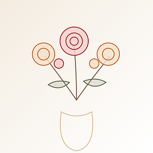 Minimalistische Blumenillustration mit Kreisen und Blättern in Pastellfarben.