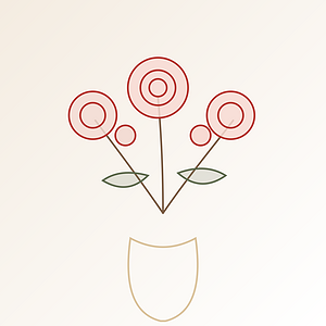 Minimalistischer Blumenstrauß mit roten Kreisen und grünen Blättern.